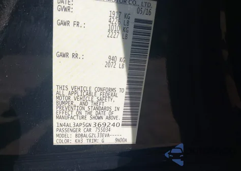 2016 Nissan Altima 2.5/2.5 S/2.5 Sl/2.5 Sr/2.5 Sv from USA, damaged, VIN 1N4AL3AP5GN369240